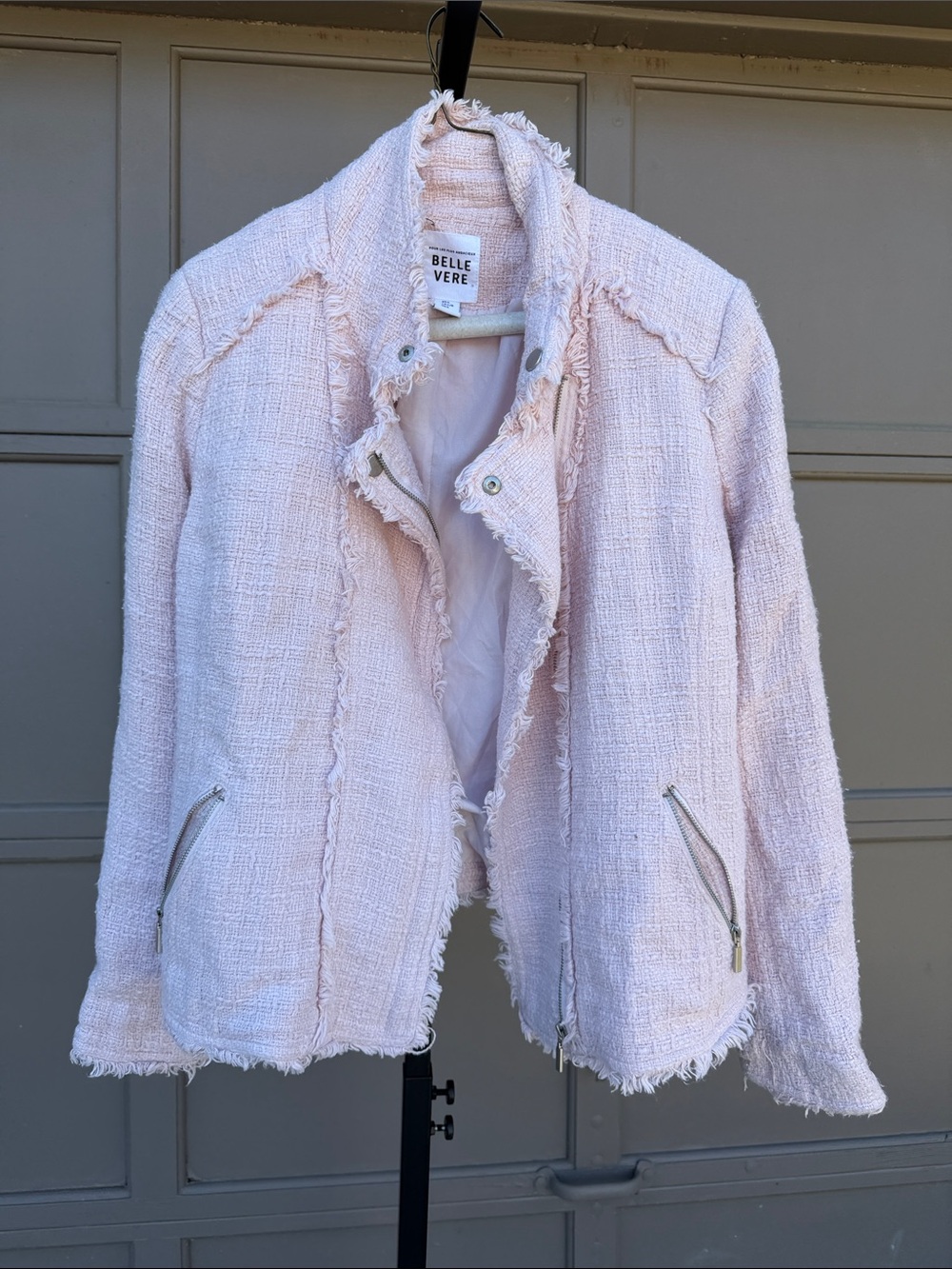 Belle Vere Pale Pink Fringe Tweed Bomber Jacket
